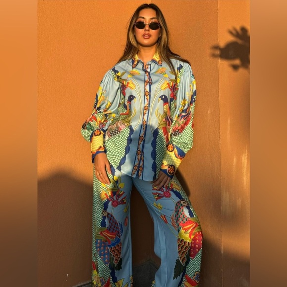 Colorful Peacock Print Matching Set | Button Shirt & Wide Leg Pants | Size Large - Picture 5 of 7